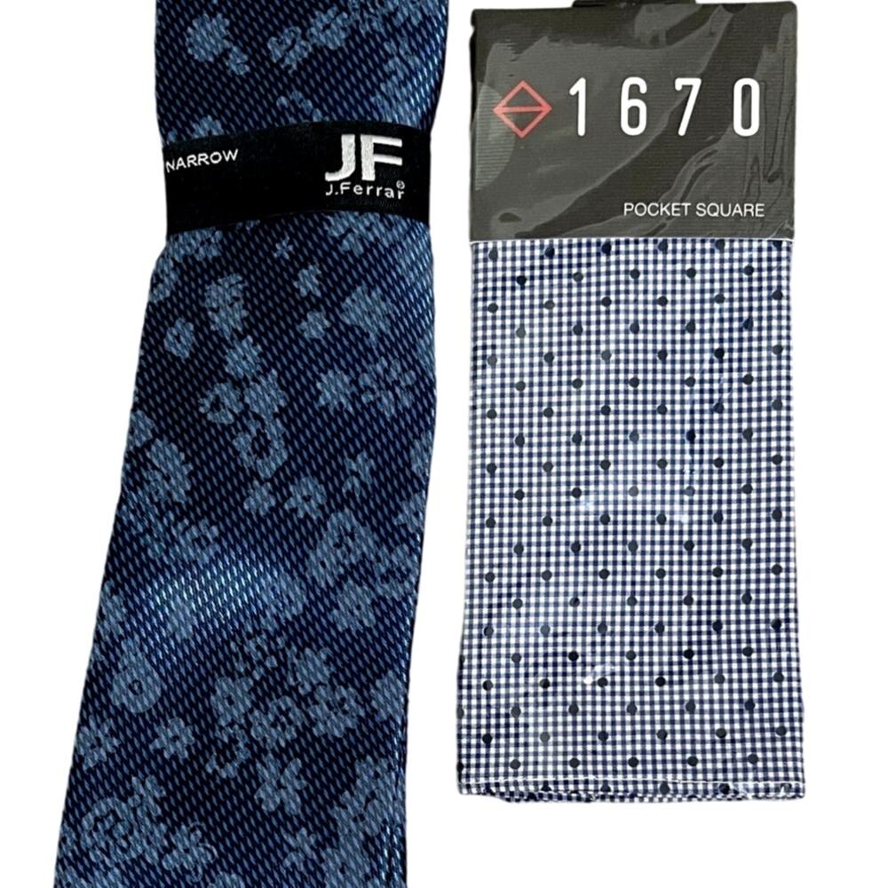 2pc Set J Ferrar Narrow Epic Indigo Floral Mute Stripe Tie & 1670 Pocket Square
